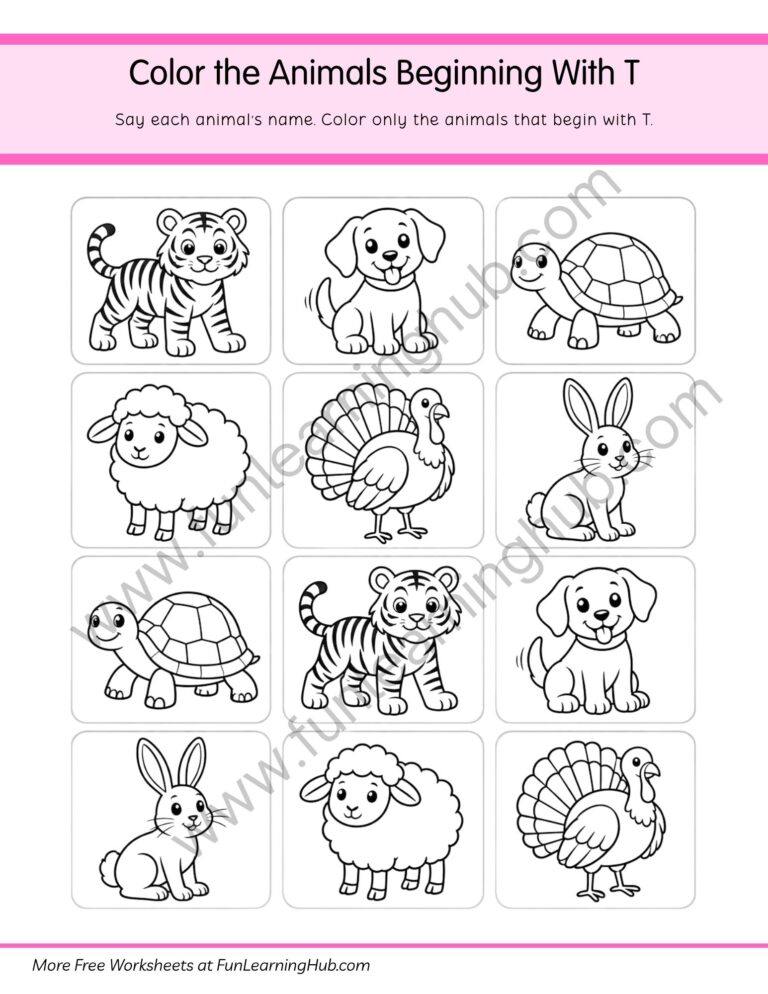 Color the Animals Beginning with T