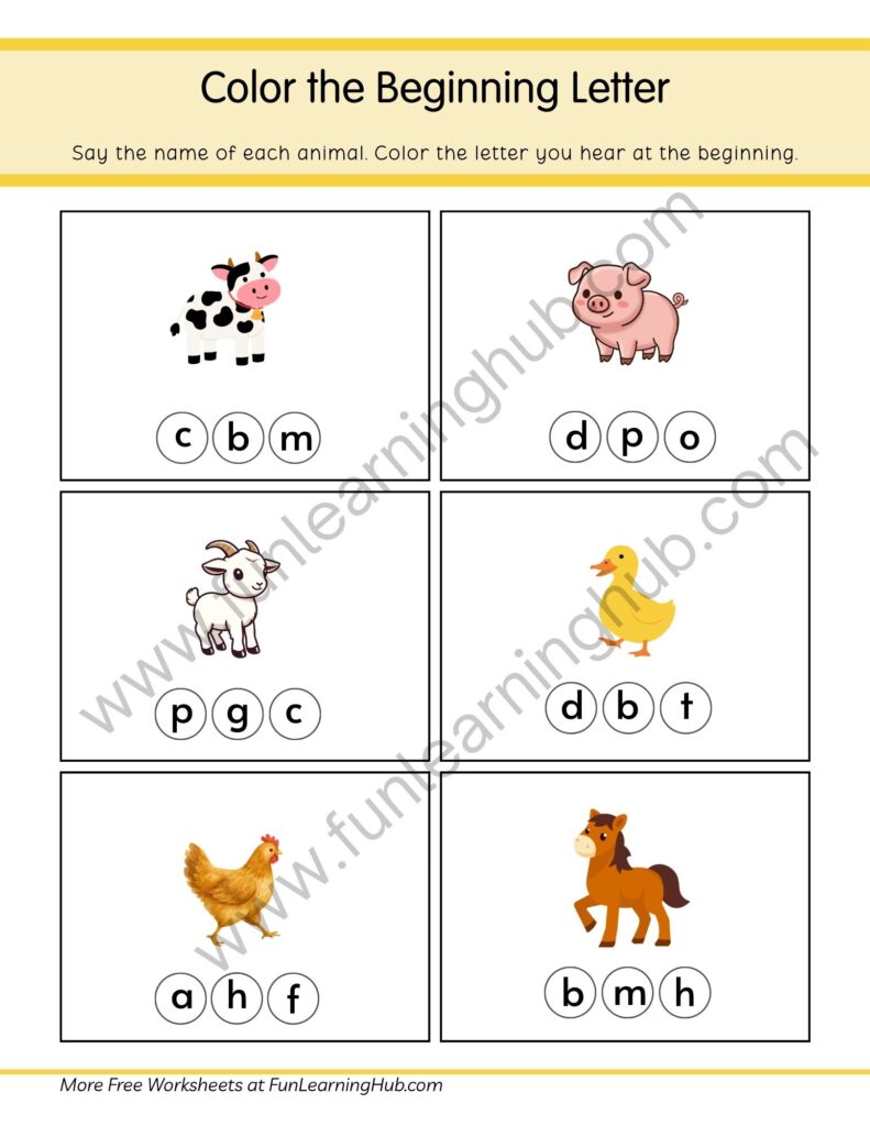 64 Free Beginning Sounds Worksheets for Kindergarten 2 Farm Animals Color the Beginning Letter