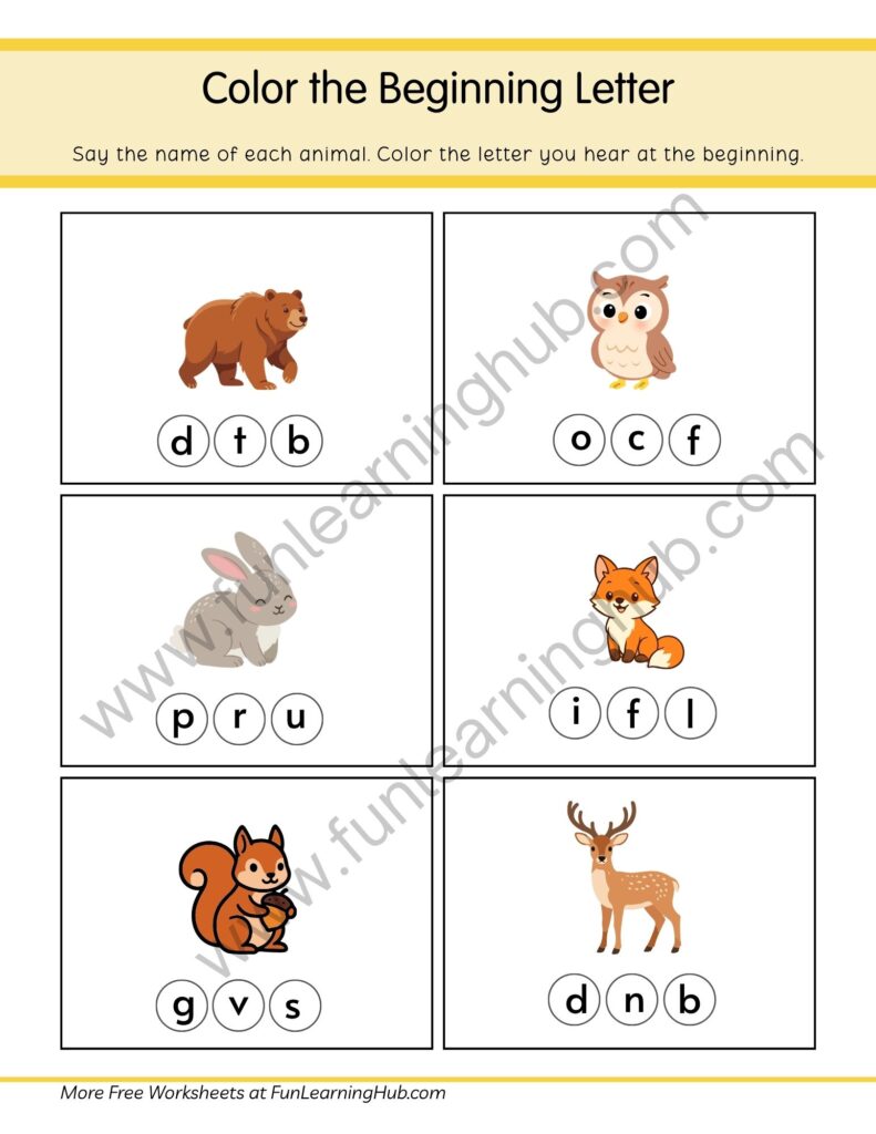 64 Free Beginning Sounds Worksheets for Kindergarten 3 Forest Animals Color the Beginning Letter