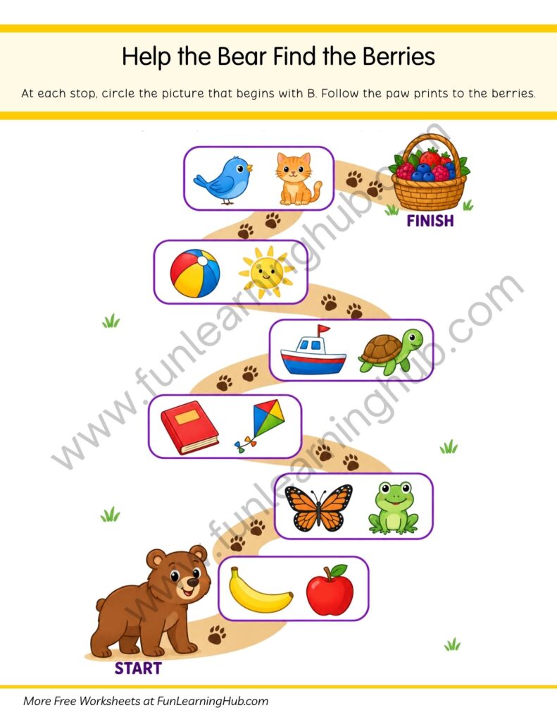 64 Free Beginning Sounds Worksheets for Kindergarten 35 Help the Bear Find the Berries