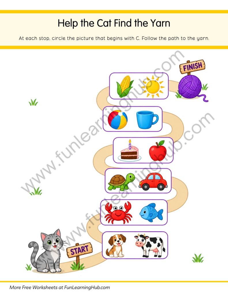 64 Free Beginning Sounds Worksheets for Kindergarten 26 Help the Cat Find the Yarn