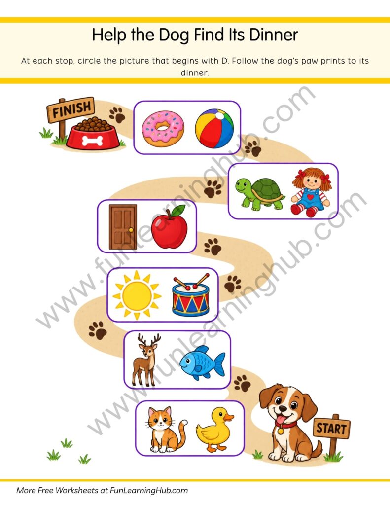 64 Free Beginning Sounds Worksheets for Kindergarten 27 Help the Dog Find Its Dinner
