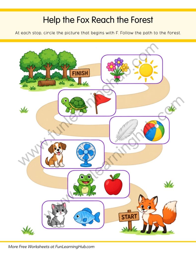 64 Free Beginning Sounds Worksheets for Kindergarten 28 Help the Fox Reach the Forest