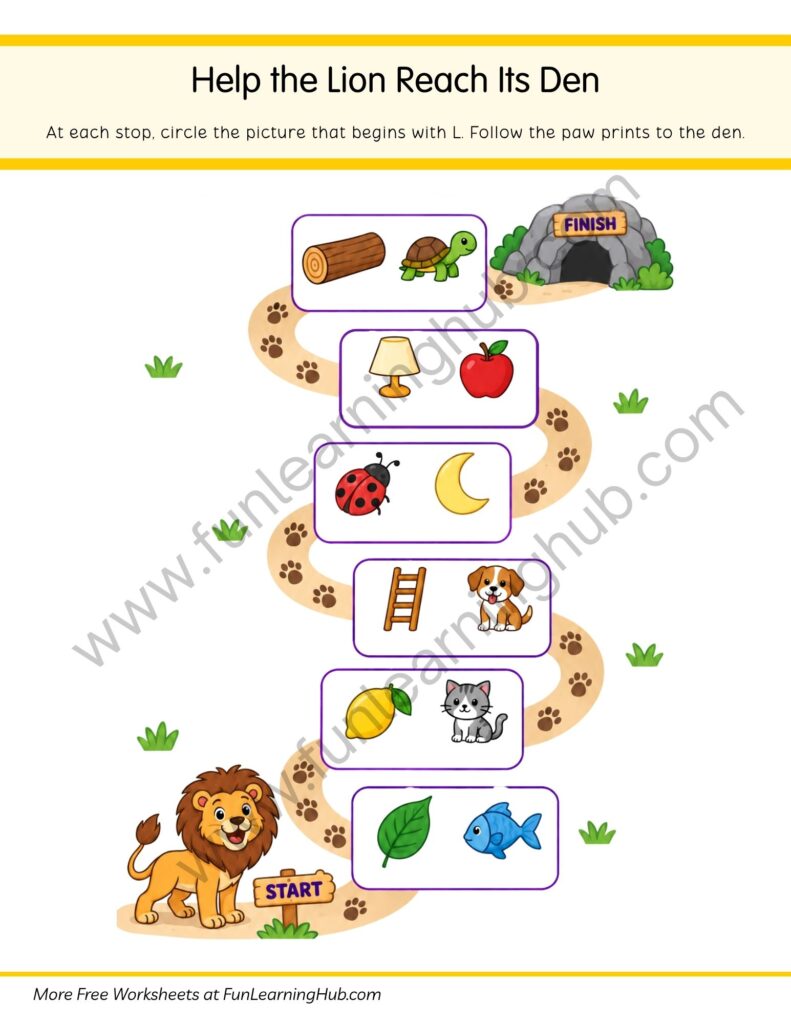 64 Free Beginning Sounds Worksheets for Kindergarten 29 Help the Lion Reach Its Den
