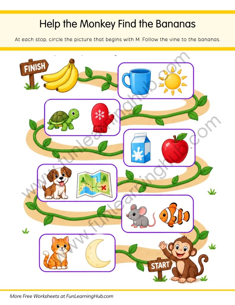 64 Free Beginning Sounds Worksheets for Kindergarten 30 Help the Monkey Find the Banana