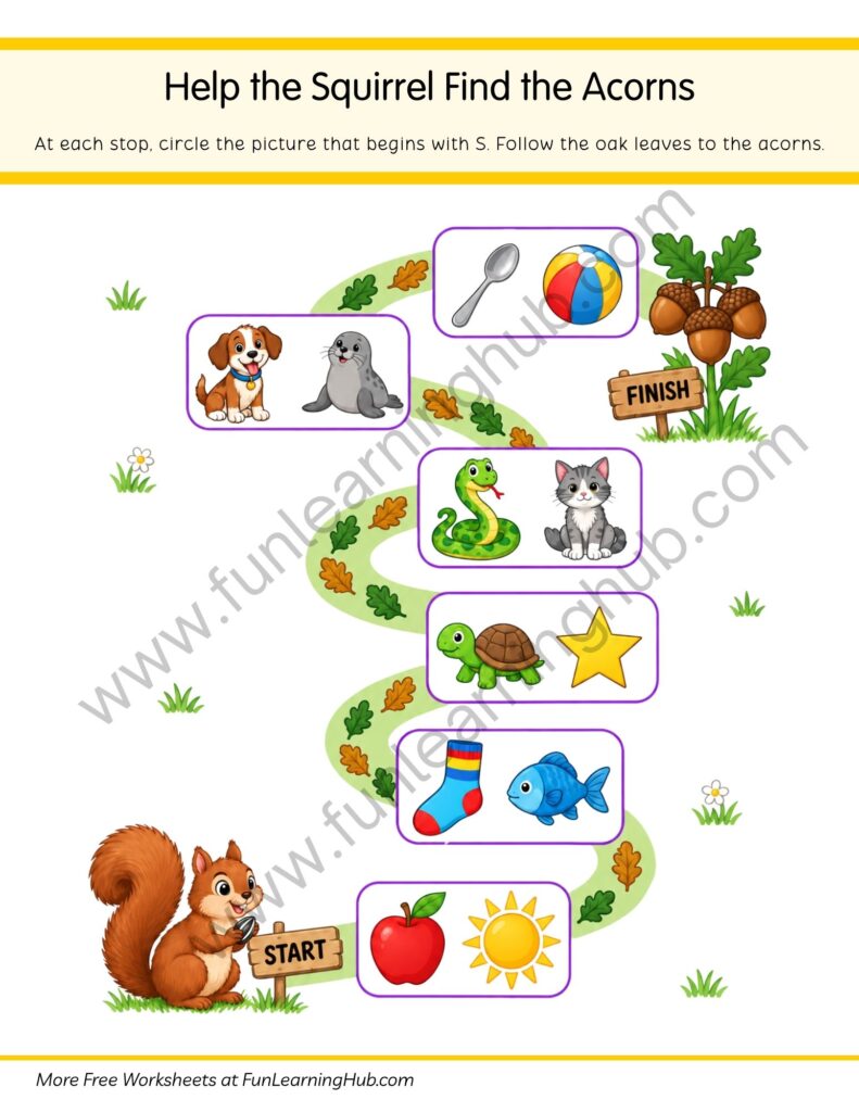 64 Free Beginning Sounds Worksheets for Kindergarten 33 Help the Squirrel Find the Acorns