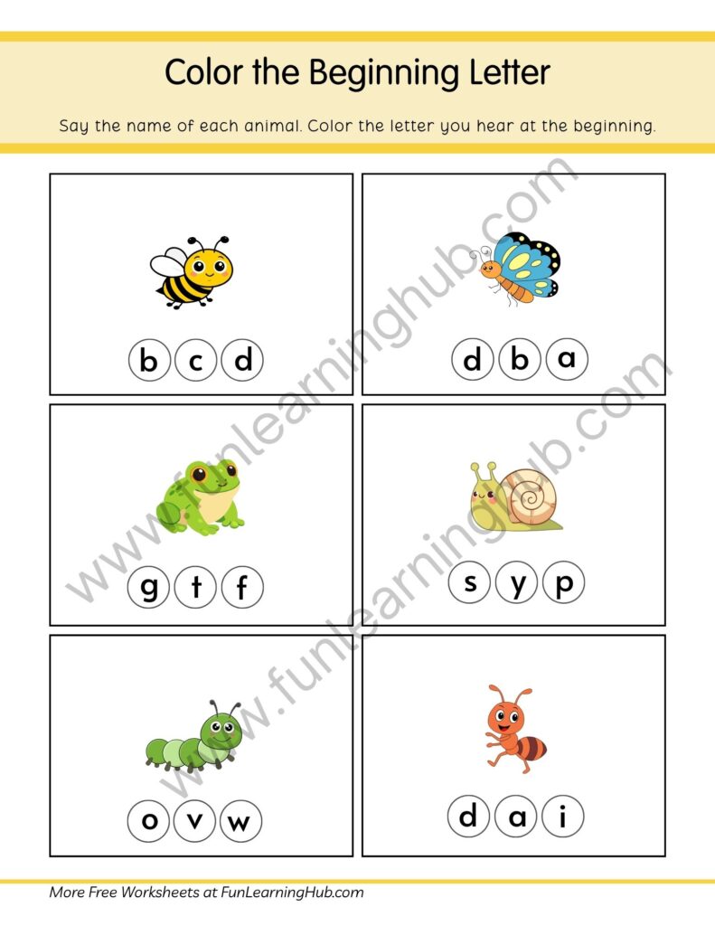 64 Free Beginning Sounds Worksheets for Kindergarten 4 Insect and Garden Animals Color the Beginning Letter