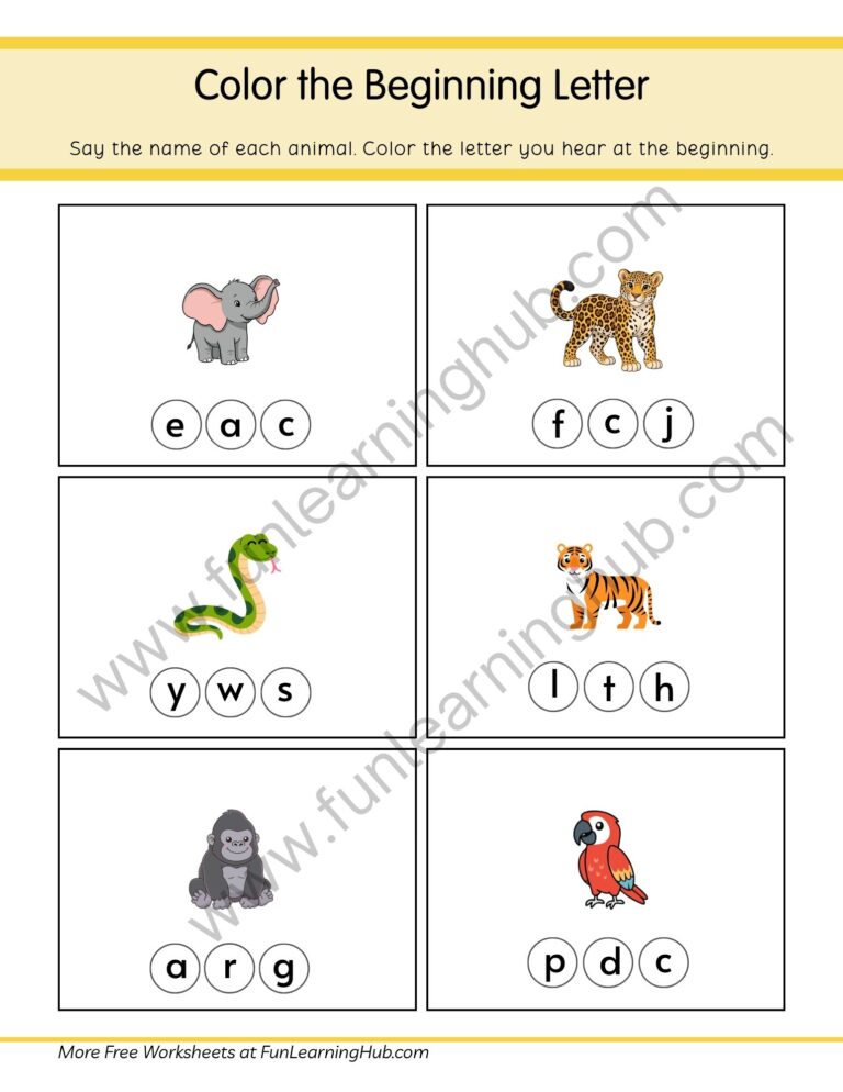 Jungle Animals Color the Beginning Letter