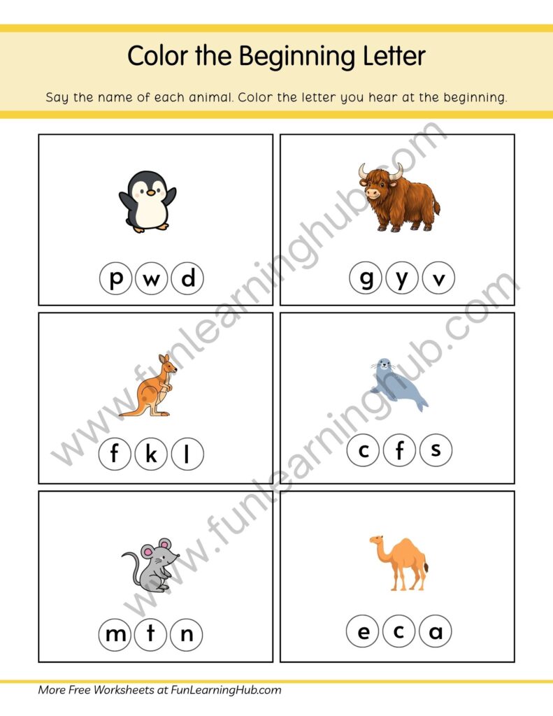 64 Free Beginning Sounds Worksheets for Kindergarten 6 Mixed Animals Color the Beginning Letter