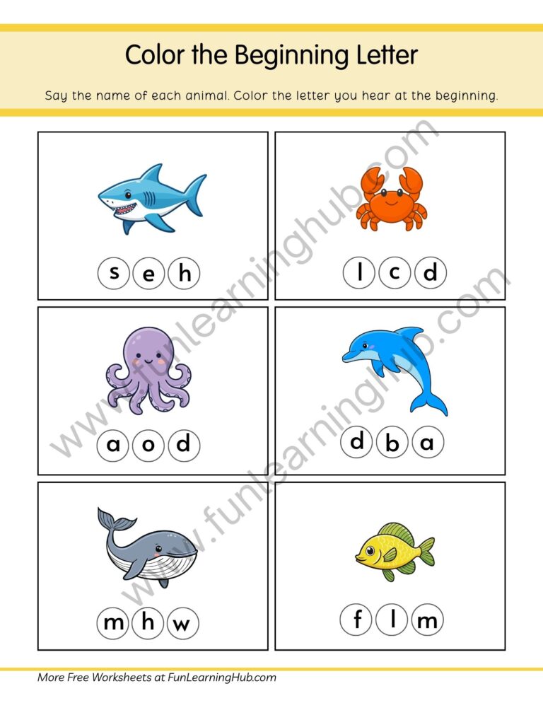 Ocean Animals Color the Beginning Letter