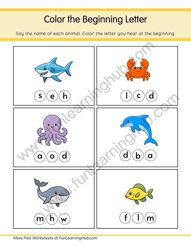 64 Free Beginning Sounds Worksheets for Kindergarten 9 Ocean Animals Color the Beginning Letter