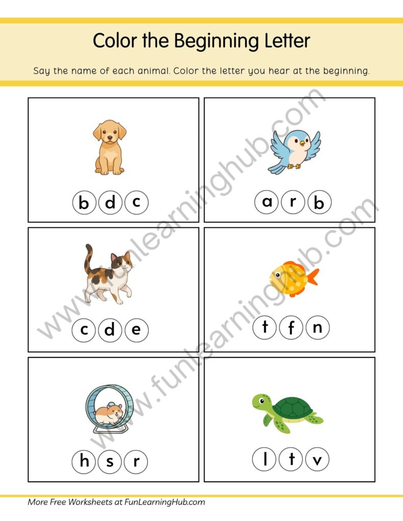 64 Free Beginning Sounds Worksheets for Kindergarten 7 Pets Color the Beginning Letter