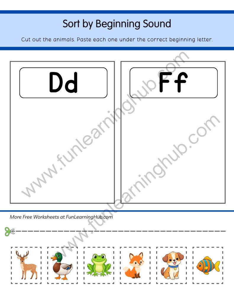 64 Free Beginning Sounds Worksheets for Kindergarten 18 Sort D or F Animals