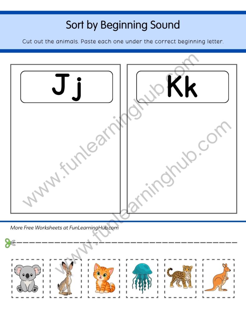 64 Free Beginning Sounds Worksheets for Kindergarten 20 Sort J or K Animals