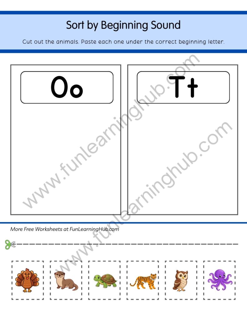 64 Free Beginning Sounds Worksheets for Kindergarten 22 Sort O or T Animals