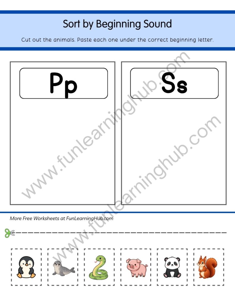 64 Free Beginning Sounds Worksheets for Kindergarten 23 Sort P or S Animals