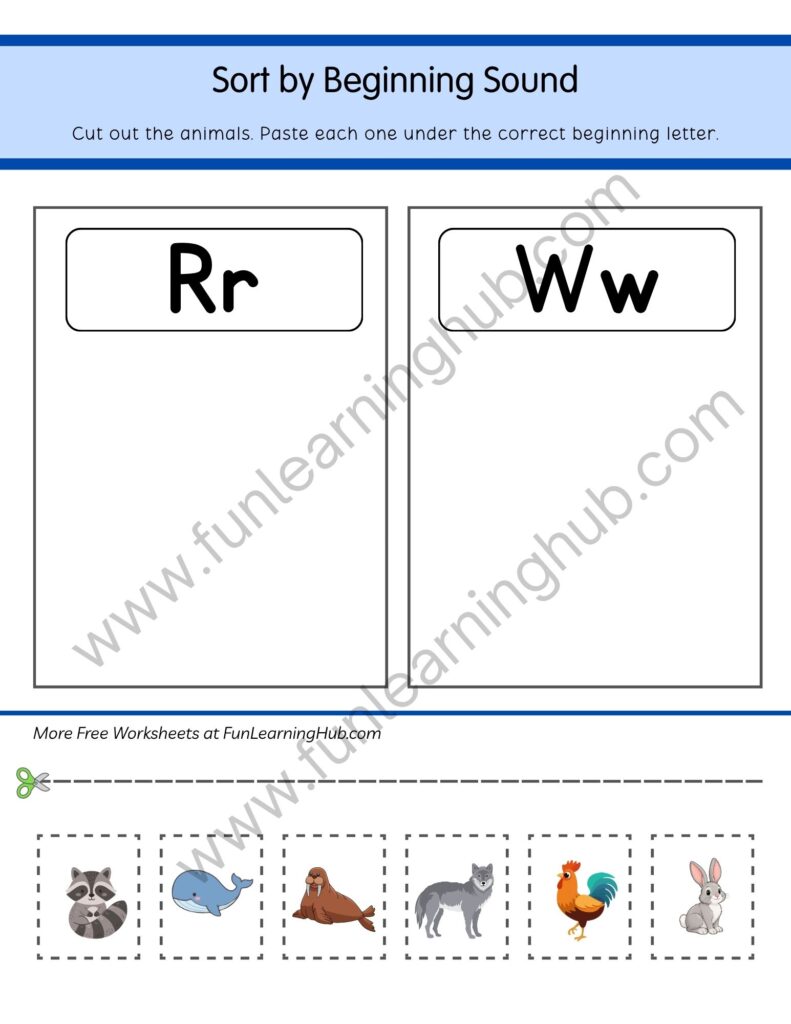 64 Free Beginning Sounds Worksheets for Kindergarten 24 Sort R or W Animals