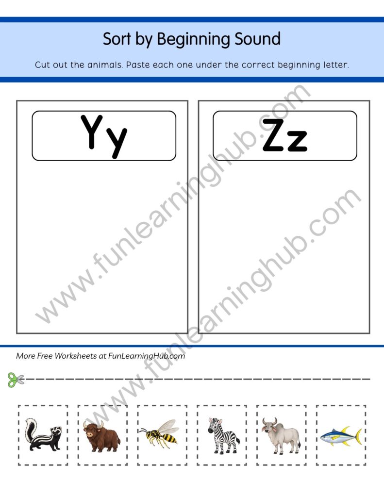 64 Free Beginning Sounds Worksheets for Kindergarten 25 Sort Y or Z Animals