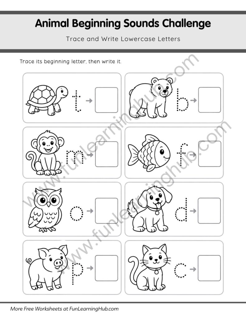64 Free Beginning Sounds Worksheets for Kindergarten 55 Trace and Write Lowercase Animal Beginning Letter