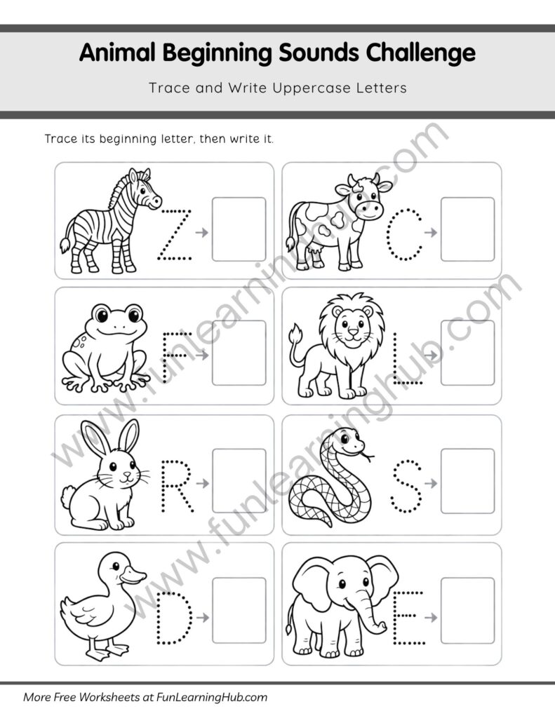 64 Free Beginning Sounds Worksheets for Kindergarten 54 Trace and Write Uppercase Animal Beginning Letter