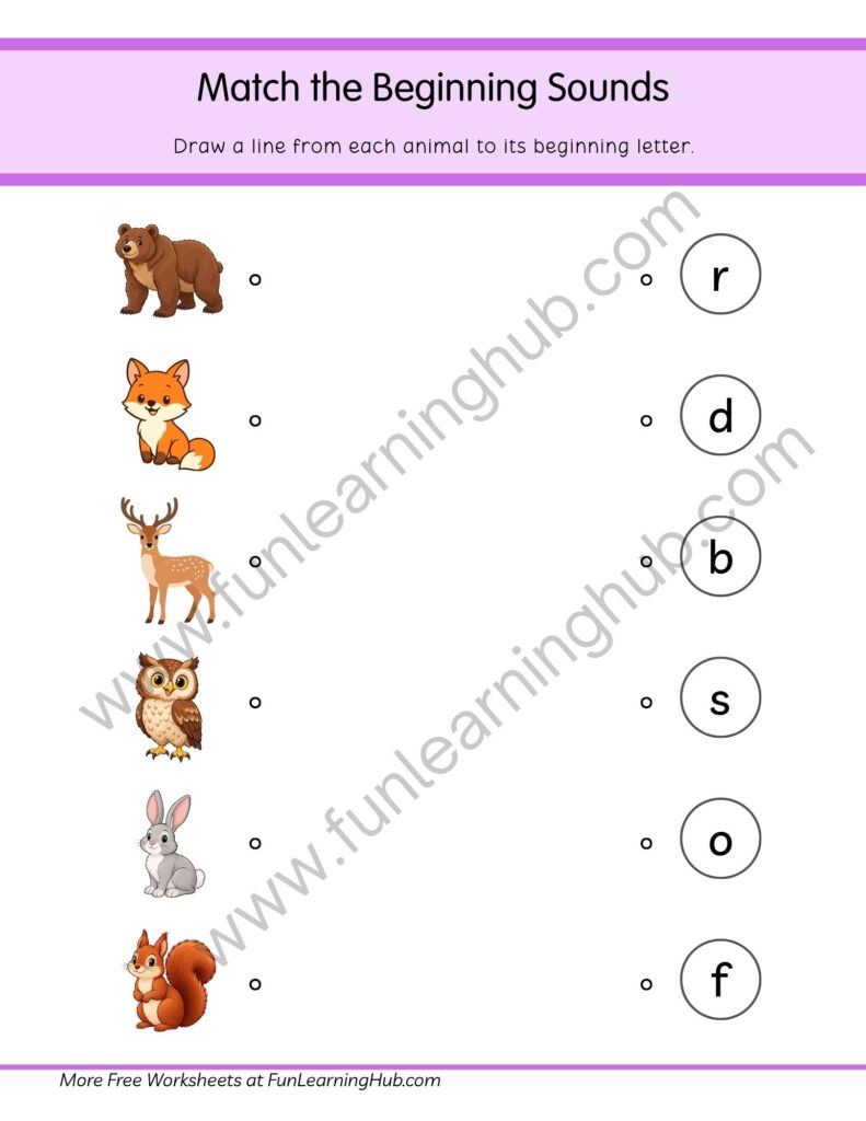64 Free Beginning Sounds Worksheets for Kindergarten 13 Woodland Animal Sound Matching