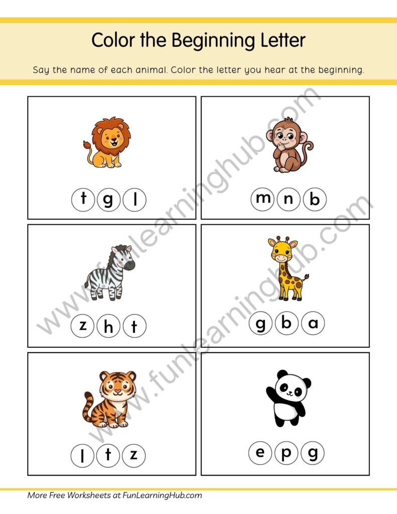 64 Free Beginning Sounds Worksheets for Kindergarten 8 Zoo Animals Color the Beginning Letter